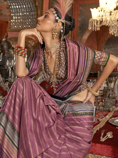 Ravishing Mauve Zari Weaving Silk Wedding Wear Saree With Blouse